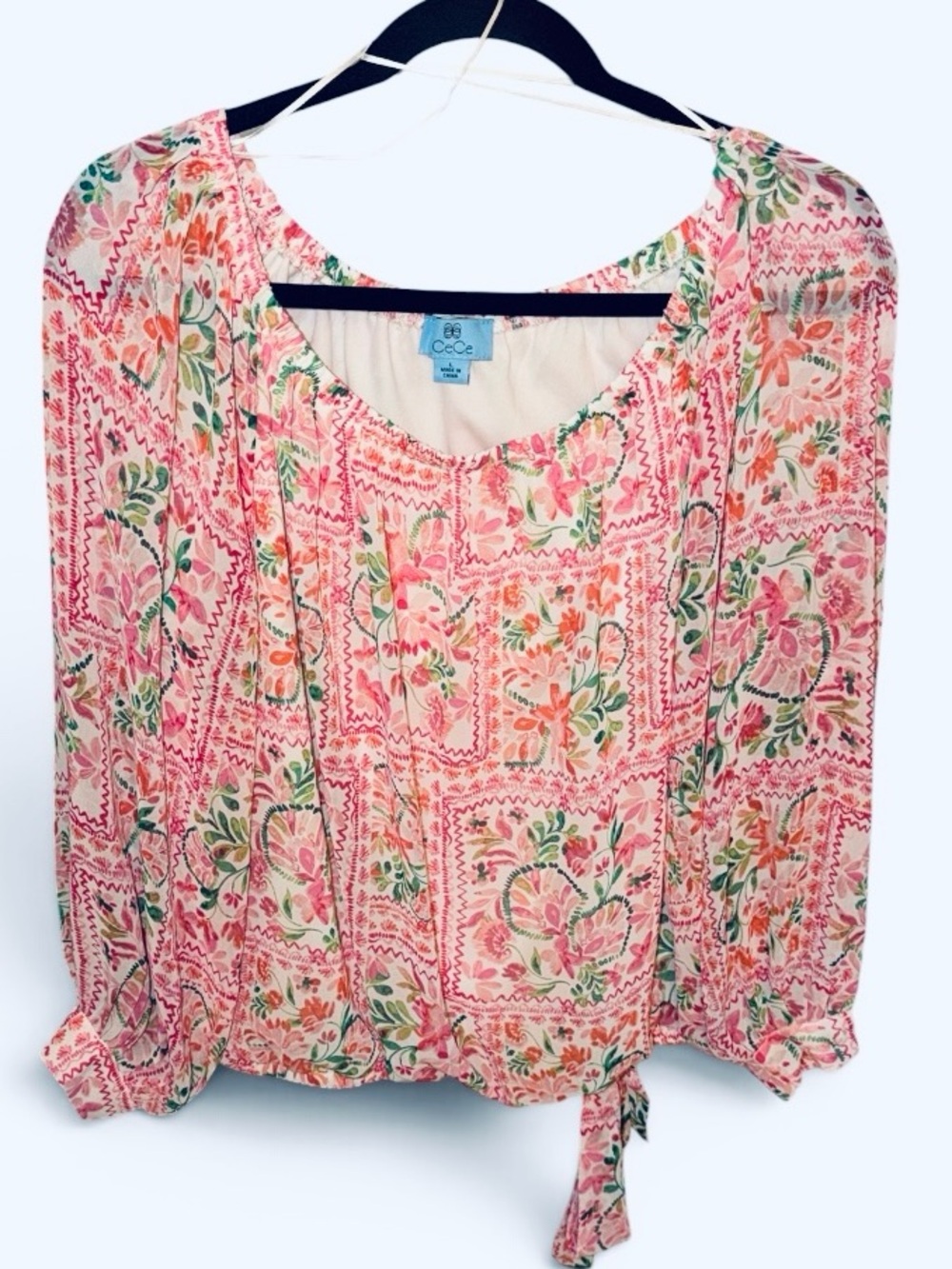 CeCe Pink Green Off Shoulder Tie-Hem Peasant Blouse Large